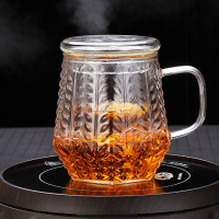 錘目紋三件式泡茶杯男茶水分離過濾內膽玻璃杯辦公室?guī)w麥穗杯